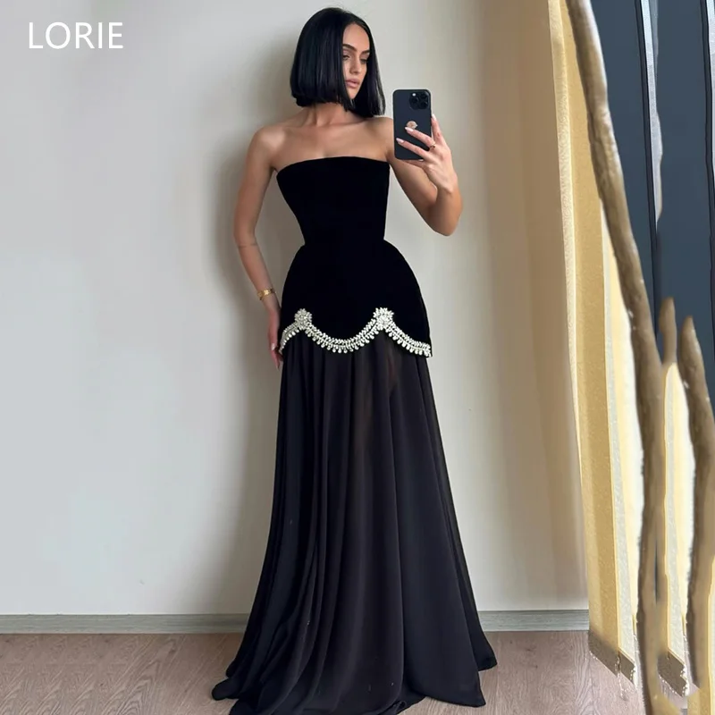 

LORIE Роскошные черные вечерние платья трапециевидной формы без бретелек с аппликацией вечернее платье для выпускного вечера из тюля длиной до пола, платье для выпускного вечера по индивидуальному заказу