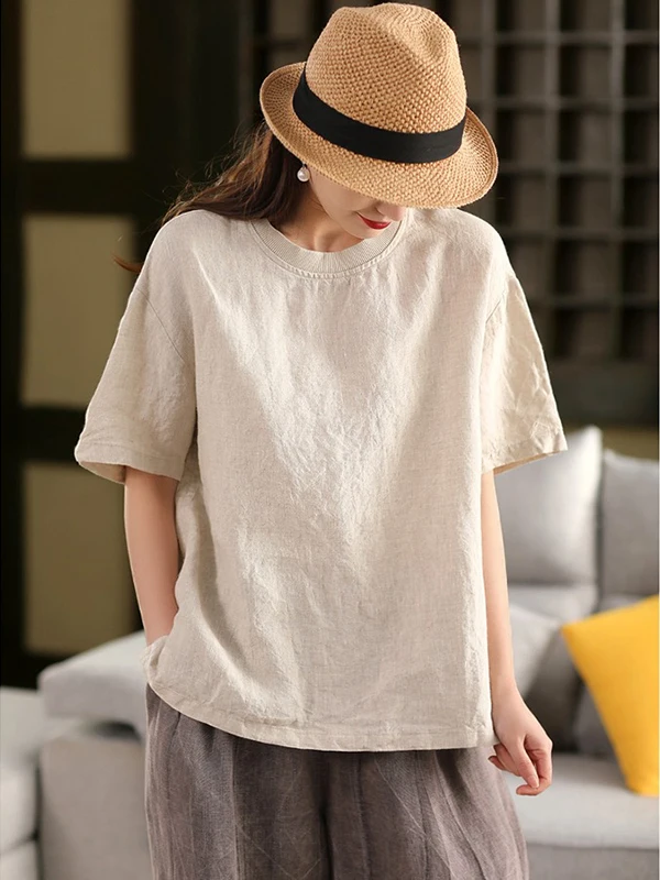 Retro Pure Color Linen T-irt Women Loose Large Size Simple Match Casual ort Sve Top Summer New Arrival 2025