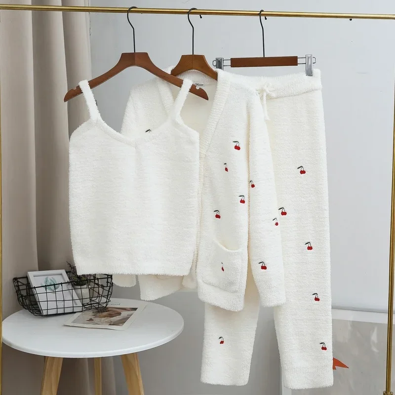 Kuzuwata 2024 Autumn Winter Women Sleepwear Soft Thick Cute Embroidered Homewear Pajamas Cardigan Camisoles Trousers 3pcs Suits