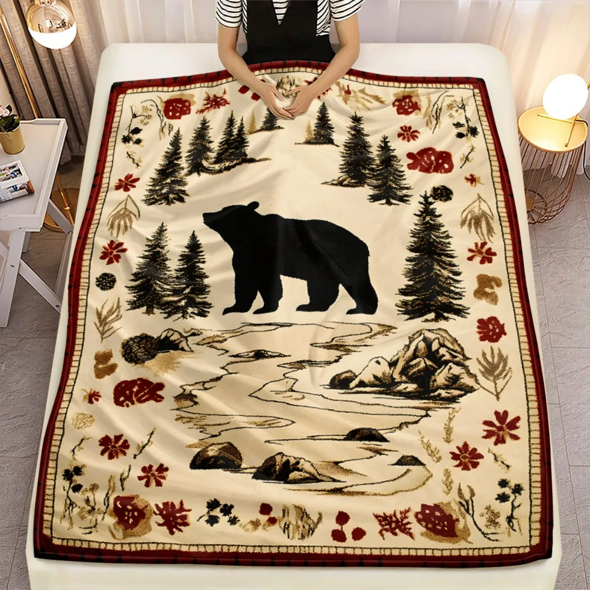1pc Bear Forest River Pine Trees Mountain Nature Scene Fleece Blanket Soft Flannel Throw Rustic Cabin Decor Wildlife Gift