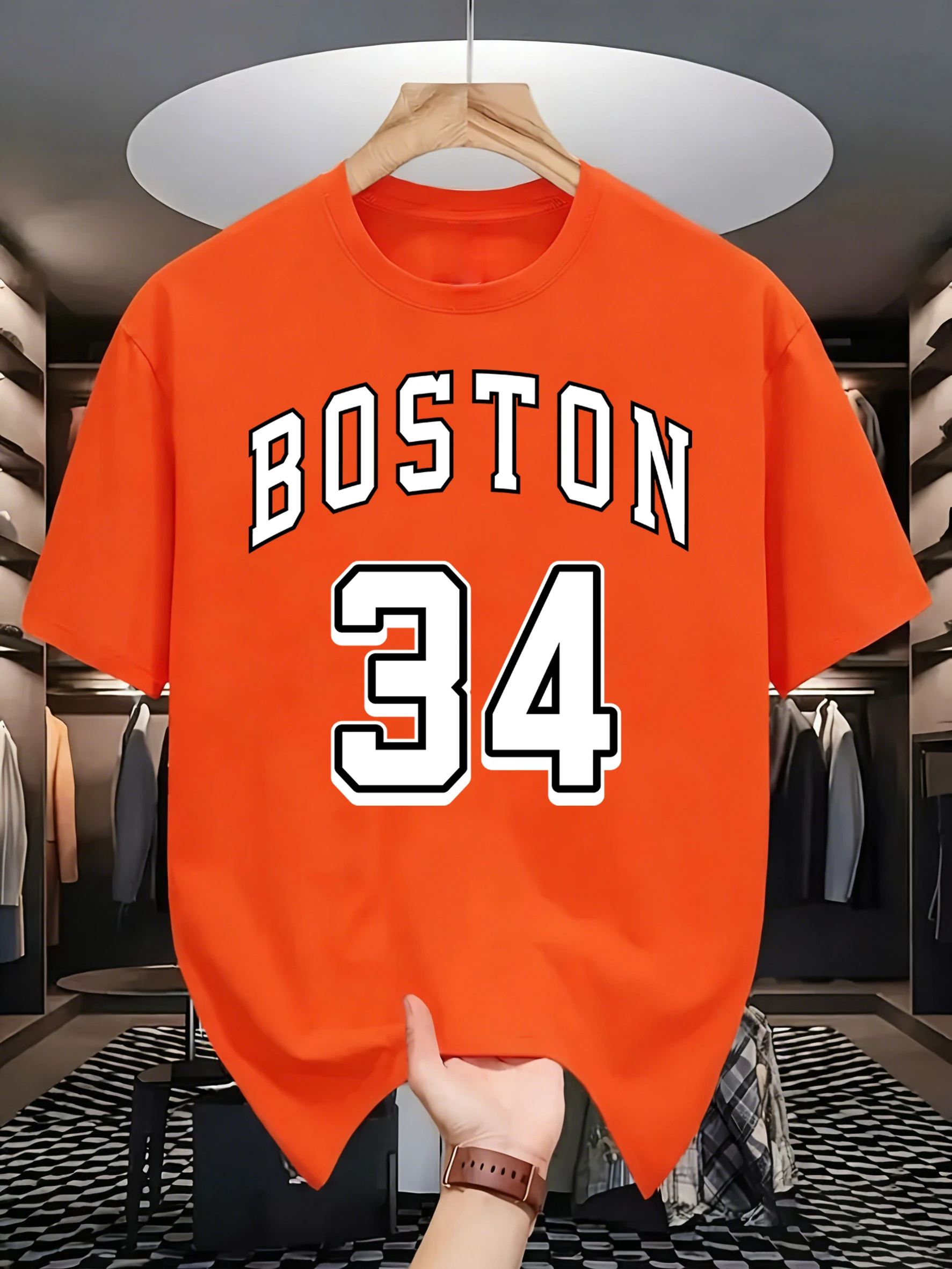 Boston 34 Art Letter Printing Men Retro T Shirt Casual Loose Tee Trendy Cotton Clothing Summer Unisex O-Neck Short Sleeve