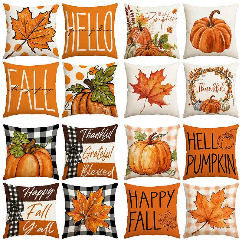 4pcs Autumn Retro Pumpkin Maple Leaf Pattern Pillow Cover Autumn Thanksgiving Farmhouse Sofa Cushion Cover (No Pillow Core)