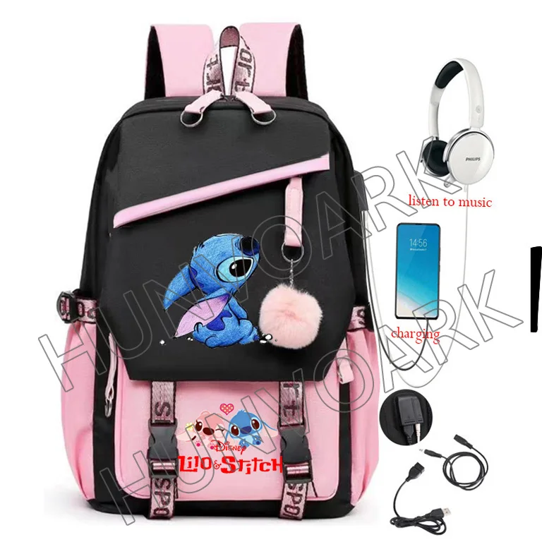 Lilo And Stitch Backpack USB Patchwork Kawaii Cartoon School Bags for Women Men Capacity to Travel Daily Laptop Mochila Infantil