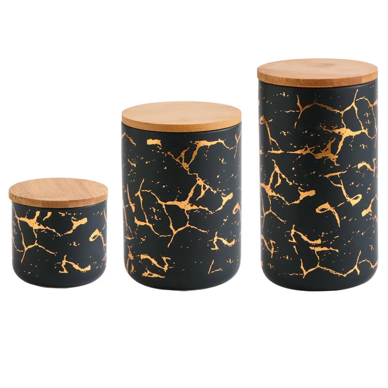 Modern Gold Plated Marbled Ceramic Jar with Wood Lid Kitchen Spice Grain Tank Candy Nut Tank Sealed Storage Jar Gift Home Decor