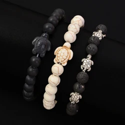3pcs/set Men's Black Stone Volcanic Lava Bead Bangles Turquoise Tortoise Bracelet Women Men Nature Stone, Great Gift