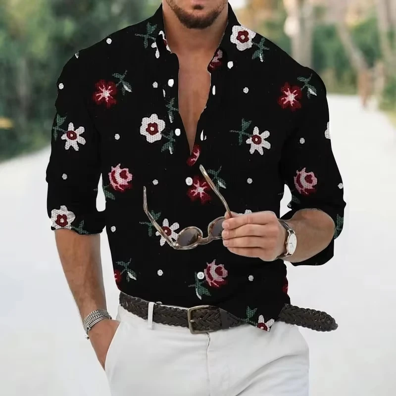 New Retro Men's Lapel Shirt Men's Exquisite Ethnic Print Slim Shirt New Fall Fashion Office Long-sleeved Blouse Elegant Shirt。