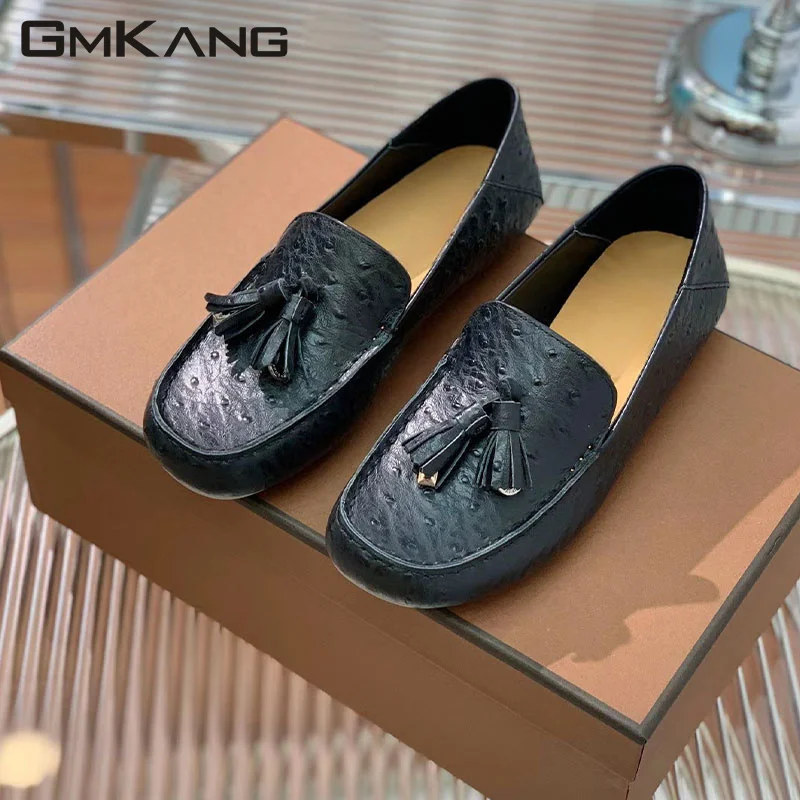 

Black Loafers Women Genuine Leather Slip-on Casual Shoes Fringe Decorate Fashion Comfort Shoes Woman Flat Walk Shoes Female