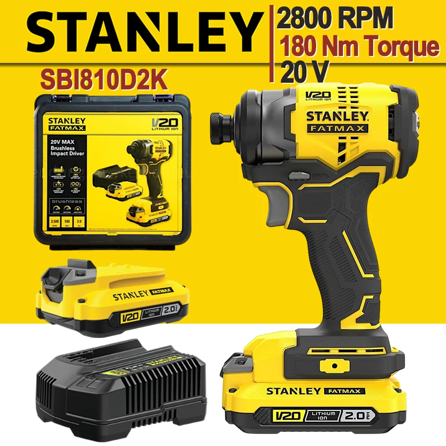 Stanley 20V Brushless Impact Driver With 2pcs Batteries 2.0Ah, 1pc Charger, 1pc Tool Box Power Tool Set SBI810D2K