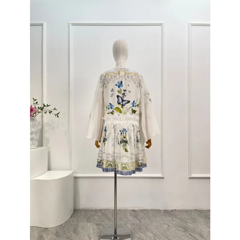 2025 Novo lindo lindo mini vestido branco com estampa floral de borboleta e manga comprida