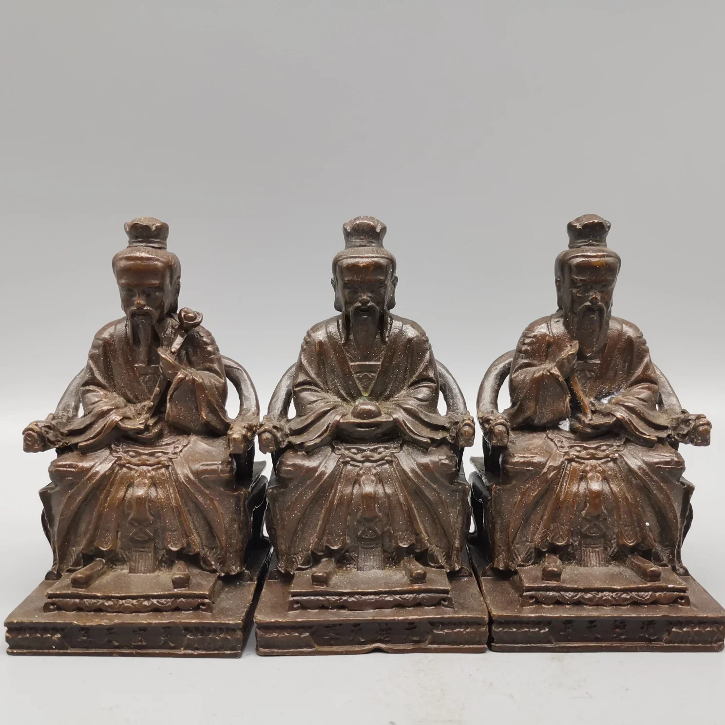 Old Chinese Red Copper Bronze Taoism Sanqing Emperor 3 Immortal God Laojun Statue Set