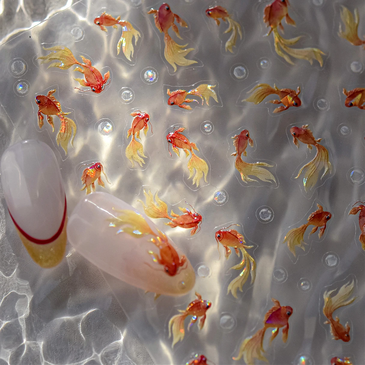 

Cute Goldfish Brocaded Carp Koi Water Bubbles Sparkling Ripples Soft Embossed Relief Adhesive Nail Art Stickers Manicure Decals