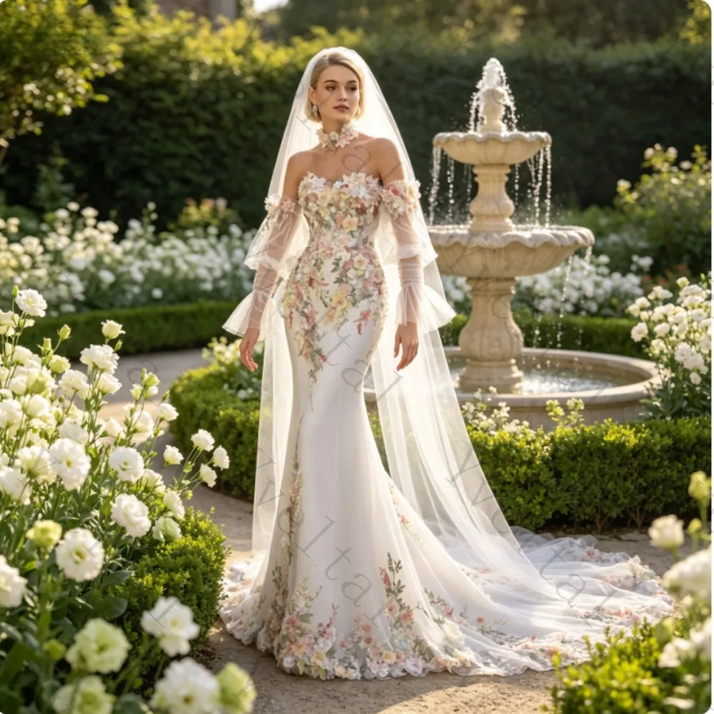 Customized Mermaid Wedding Dresses Sweetheart Detachable Sleeve Multicolor Floral Appliqué Vestidos Fascinating Bridal Gown