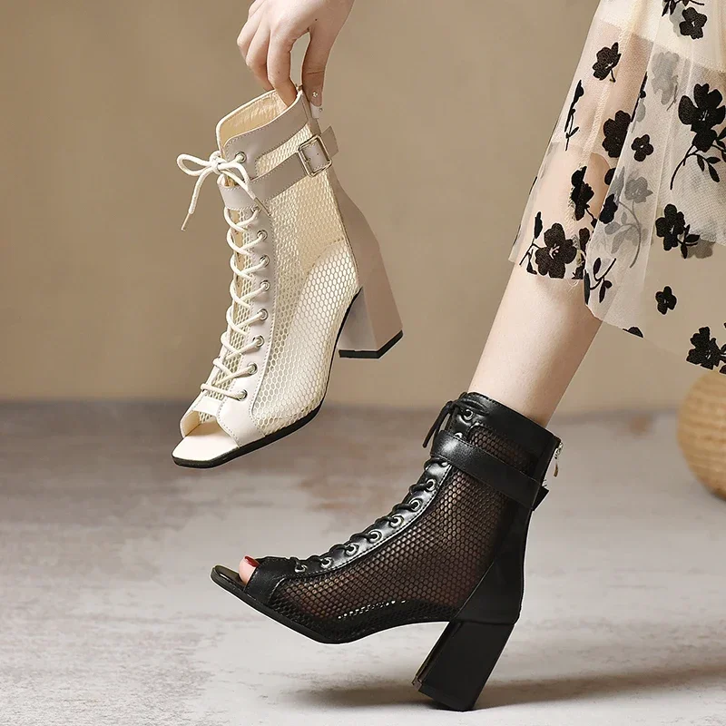 Women\'s Short Boots Mesh Sandals Fish Mouth Beginner Dance Shoes High Heel Ballroom Party Chunky Belt Buckle