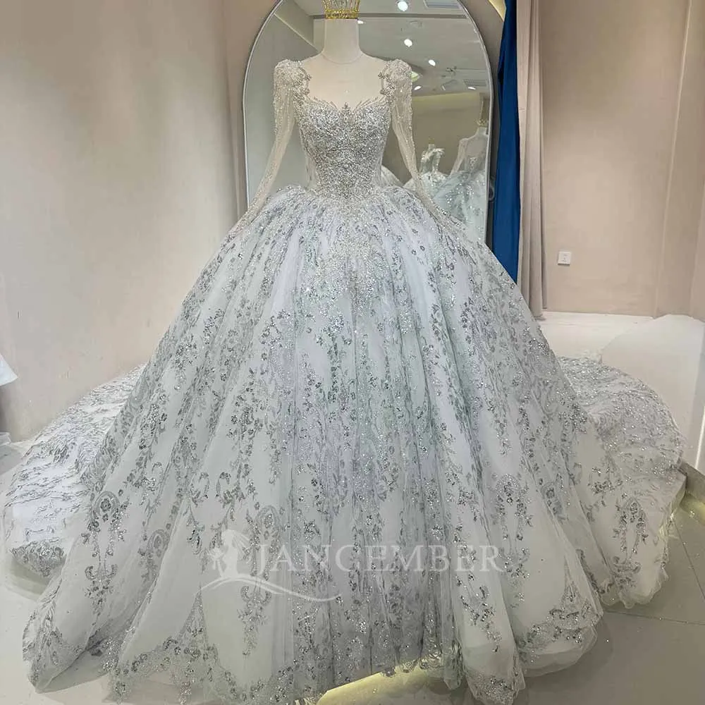 

Customized O-Neck Wedding Dresses Long Sleeves Shiny Beaded Sequins Promotion Lace Princess Ball Gown Vestidos De Novia DW135