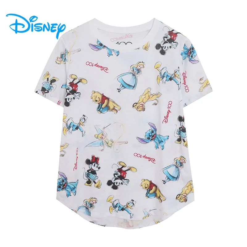 

Disney 100th Anniversary T Shirt Women Casual Tshirt Top O Neck Short Sleeve Mickey Minnie Alice Simba Tinker Bell Cartoon Tee