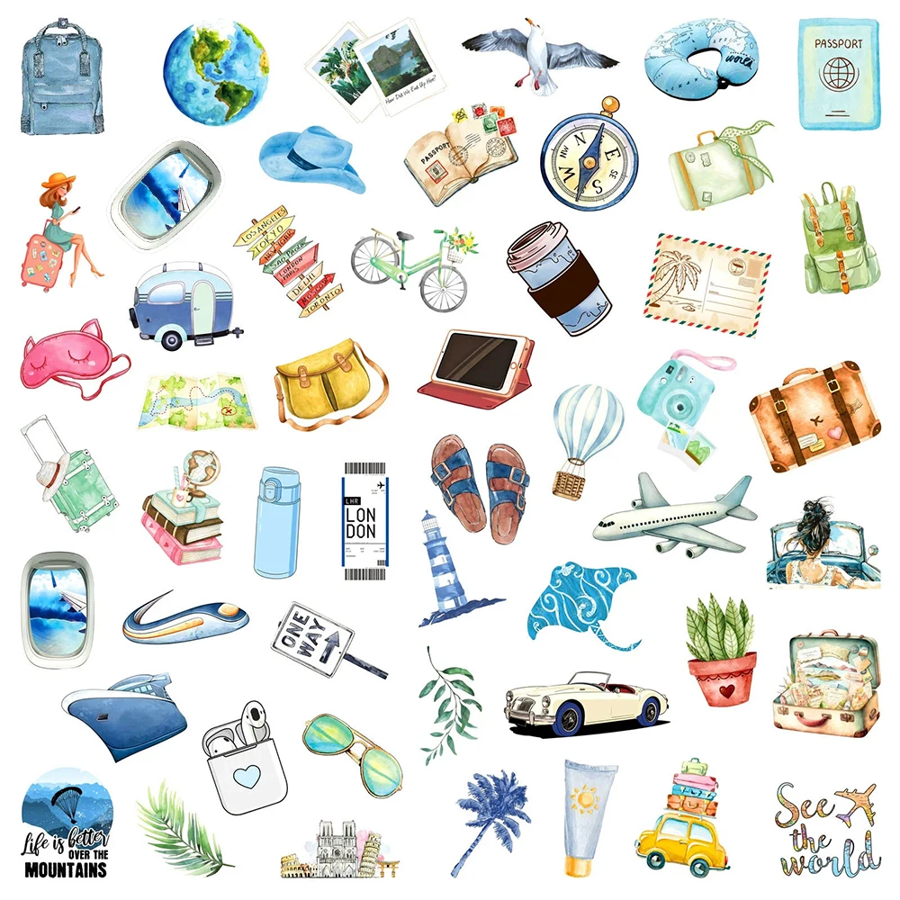 10/30/50 قطعة ألوان مائية عتيقة للسفر في الهواء الطلق ملصقات الحياة الجمالية الكتابة على الجدران حقيبة دراجة نارية الغيتار كول بولي كلوريد الفينيل ملصق ديكور