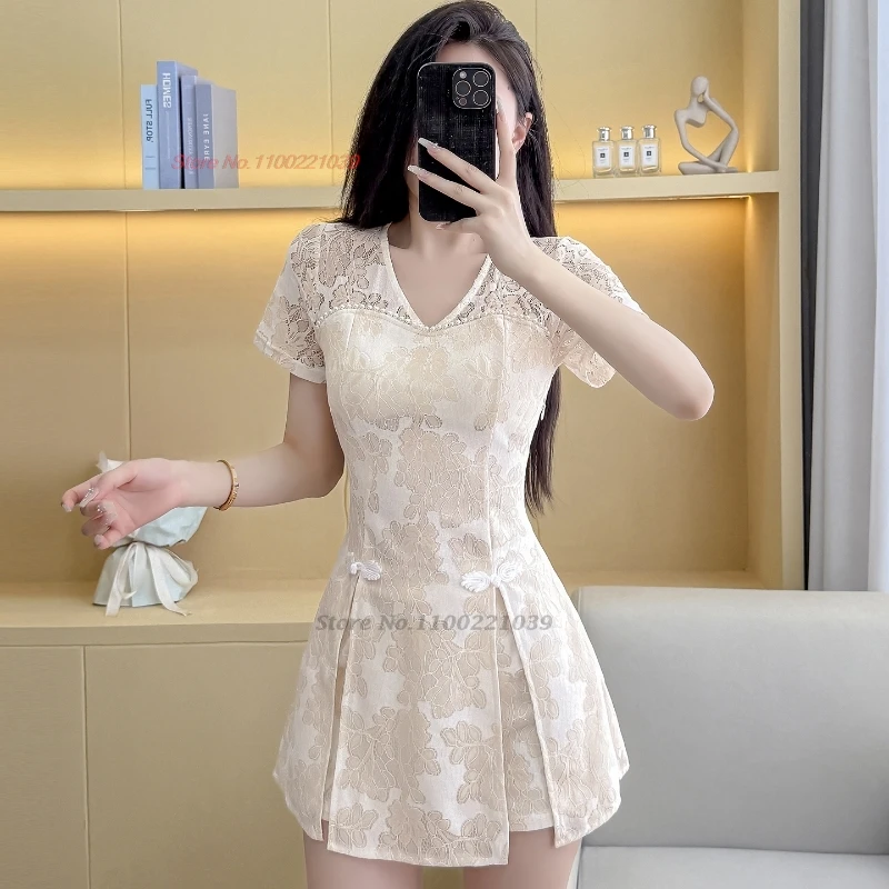 

Китайское улучшенное qipao, сексуальное платье Cheongsam + шорты, кружевное платье с цветочным принтом для ночного клуба, qipao, отель, спа, рабочее платье, униформа красоты