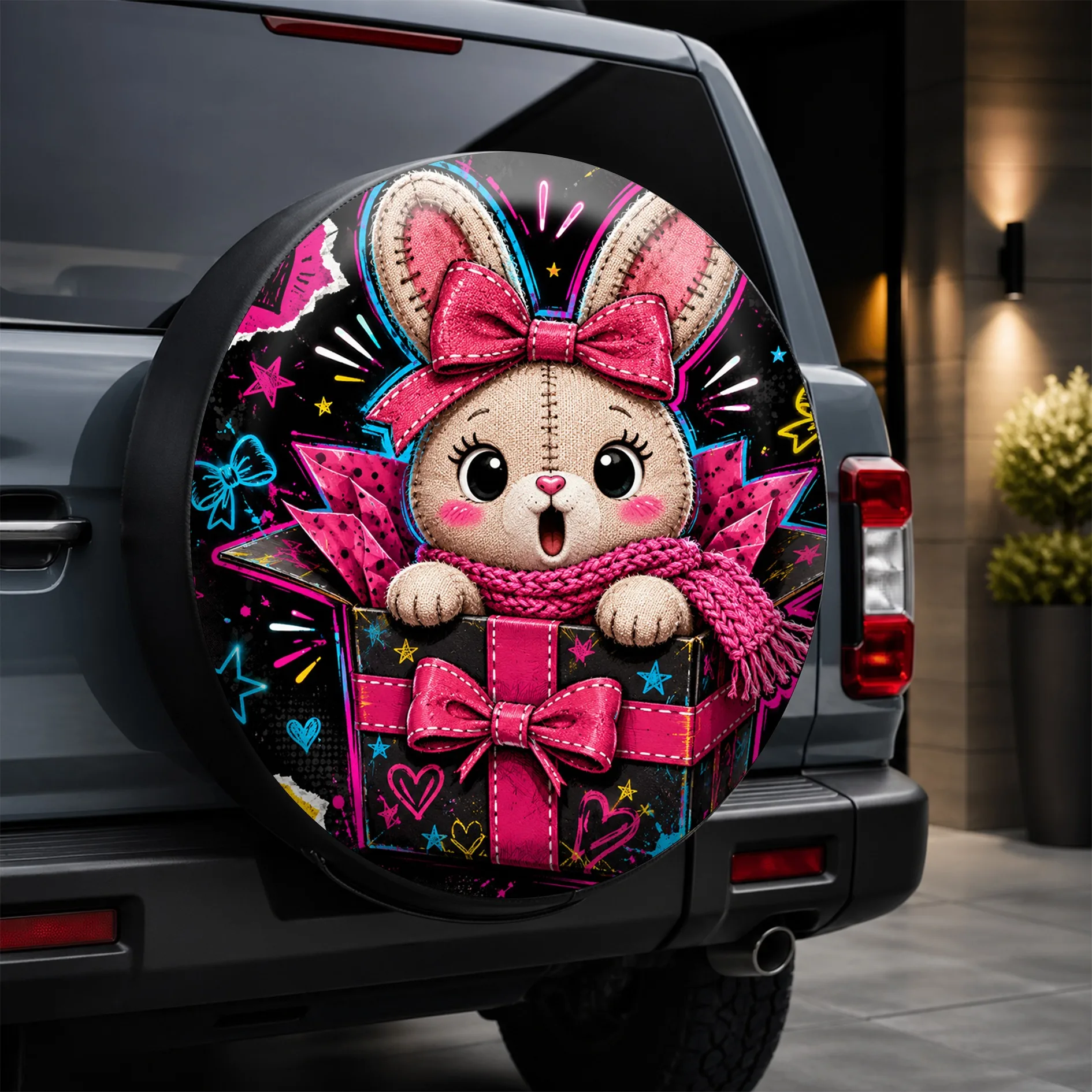 1pc Cute Cartoon Rabbit Style Printed Pattern Car Tire Cover, Fashionable Universal Wheel Hub Protector, Spare Tire Protection,