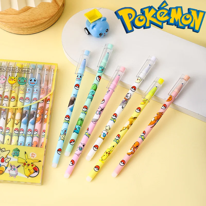 

1/6/12Pcs Pokemon Pikachu Cartoon Student Stationery Action Figure Toy Charizard Squirtle Erasable Black Blue Gel Pens Kids Gift