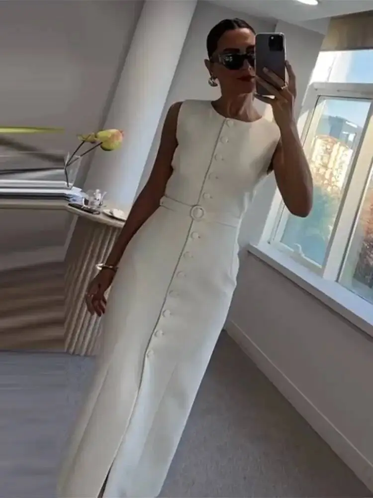 Elegant Single Breasted Tank Dress Women Belts Sleeveless O-Neck Slim Solid 2025 Spring Dresses Commute Street Split Lady Robe