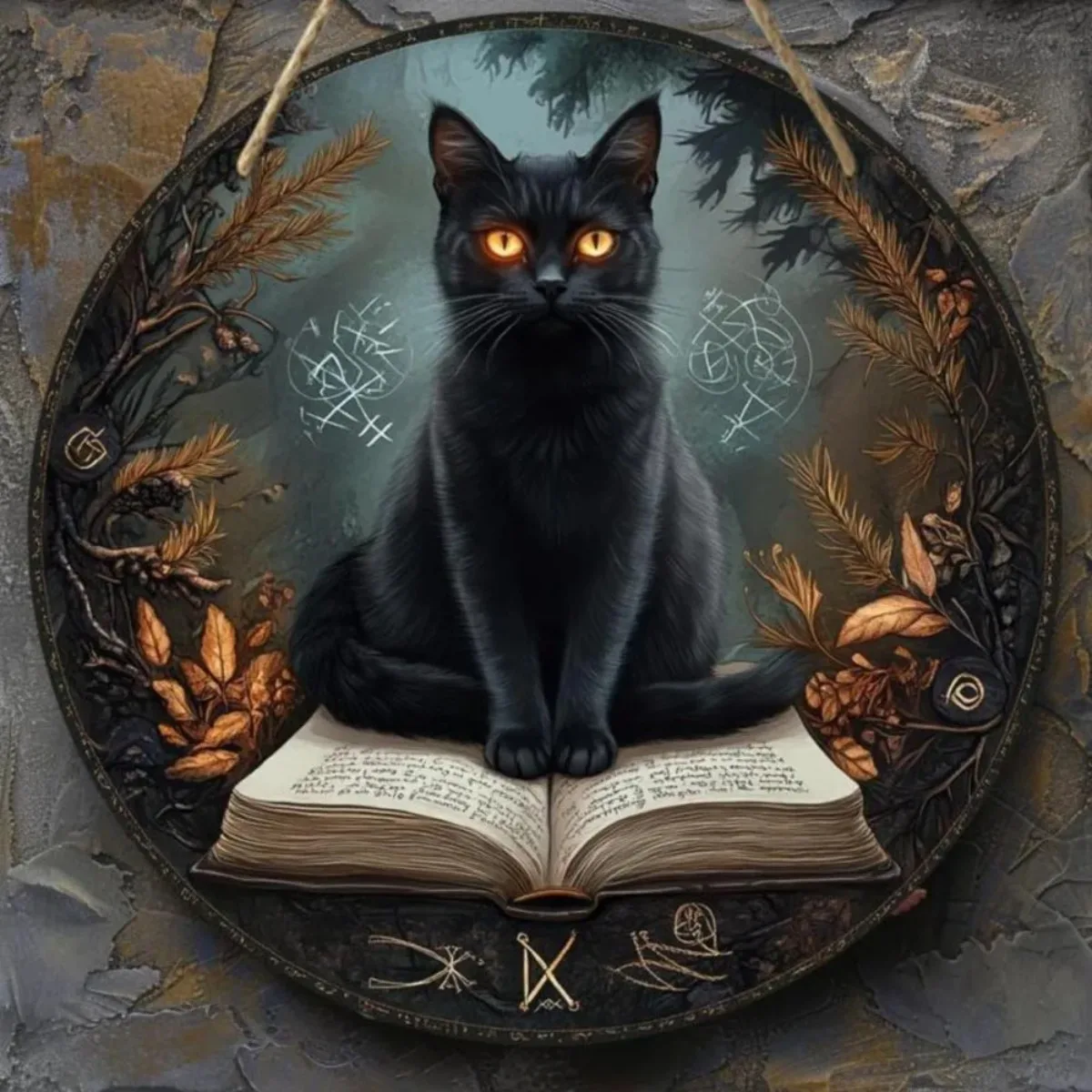 عنوان التجارة الإلكترونية: Universal Cat Round Wall Art - طباعة ثنائية الأبعاد لموضوع القطة السوداء، لا حاجة إلى طاقة، هدية العيد للمنزل