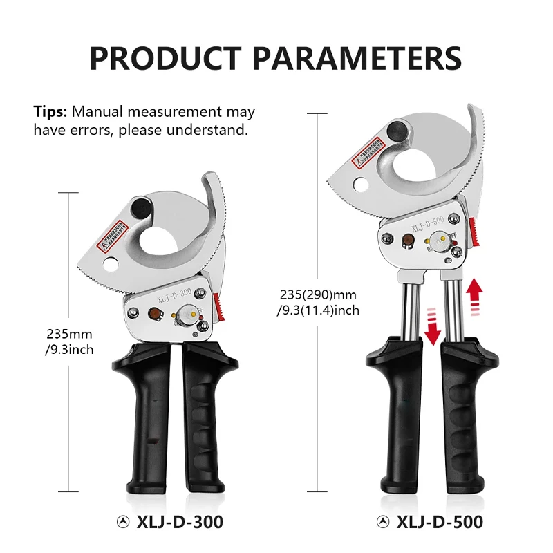

Кабелерез с храповым механизмом и круглыми стальными лезвиями для резки медных/алюминиевых кабелей сечением до 300/500 мм² XLJ-D-300 / XLJ-D-500