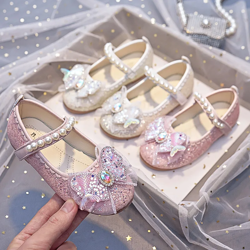 2024 Girls Princess Leather Shoes Elegant Luxury Children\'s Flats Fashion Rhinestone Pearl Kids Ballet Wedding Mary Jane Shoes