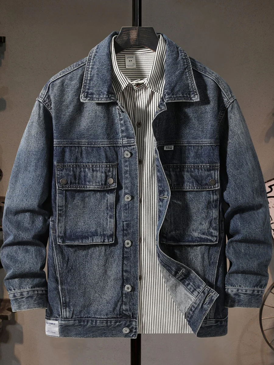 

American Retro Workwear Denim Jaet Men Loose Trendy Heavy Multi-ket Youth Outdoor Casual Coat Cotton Linen Polyester
