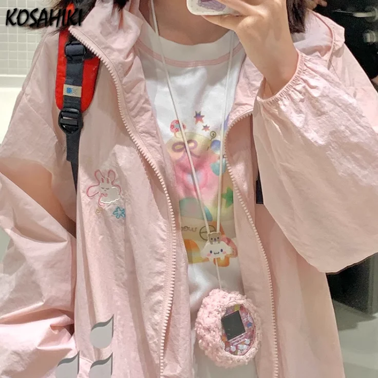 Pink Cartoon Kawaii Embroidery Jackets Sun Protection Women Summer Long Sleeve Coats Casual Loose All Match Y2k Aesthetic Hoodei