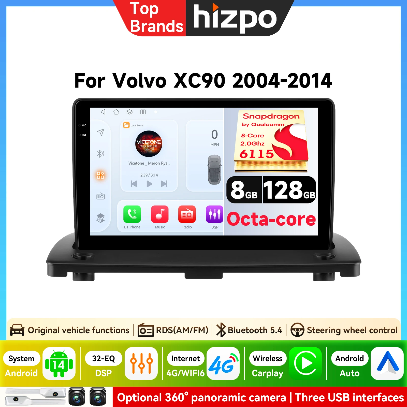 Android Autoradio für Volvo XC90 2004-2014 Auto-Multimedia-Videoplayer Navigation GPS Octa-Core 2 Din 360-Grad-Kamera 5G WLAN