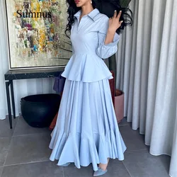 Sumnus Sky Blue A Line Evening Party Dresses Long Sleeve High Neck Formal Wedding Prom Dress Ankle Length Women Dubai Outfits