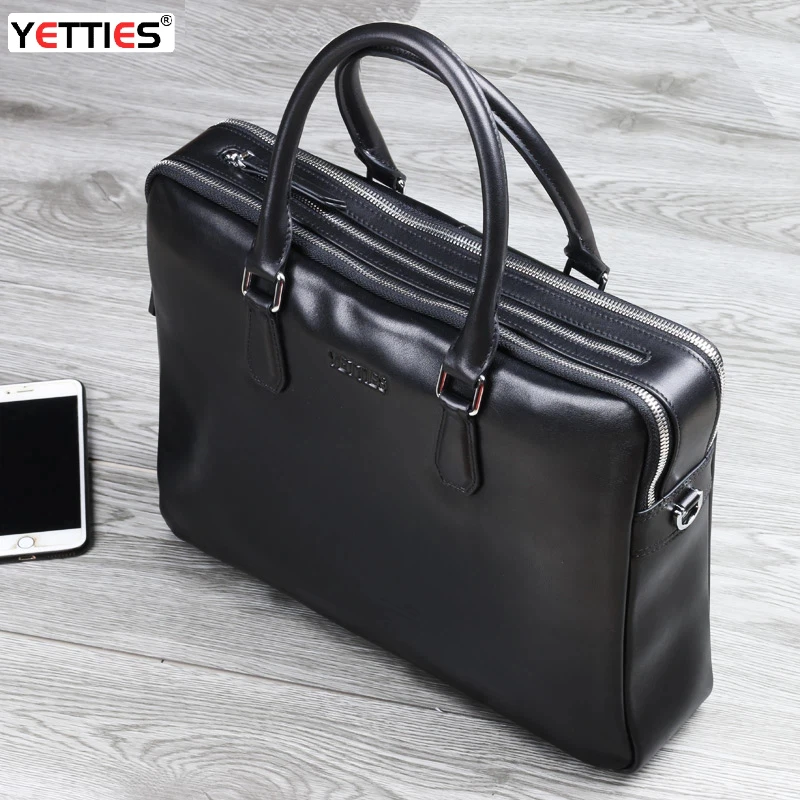 

Men's Genuine Leather Multi-Layer Lawyer Briefcase Double Zipper Civil Servant Office Bag Large Horizontal Shoulder & Hand Carry