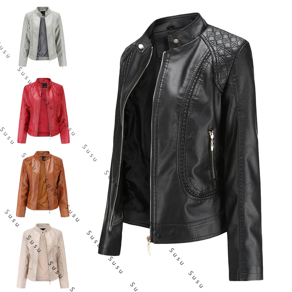 

2025 new spring and autumn women's leather jacket femininity European and American large size stand-up collar PU leather women's