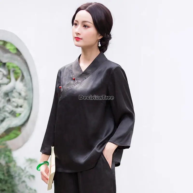 2024 chinese style tangsuits traditional cheongsam blouse women oriental retro blouse long sleeve blouse solid color top