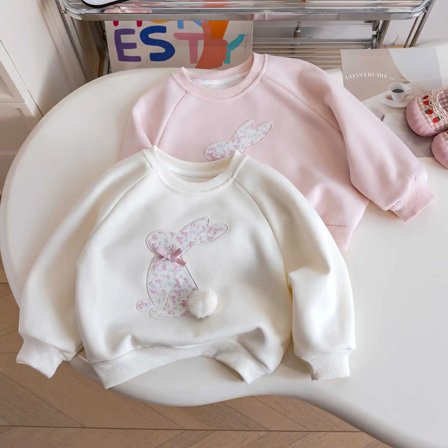 Kids Girls Cute T-Shirt Floral Print Rabbit Fluffy Ball O-neck Hoodies Long Sleeve Pullover Casual Tops Shirt 1-6Y Children Wear