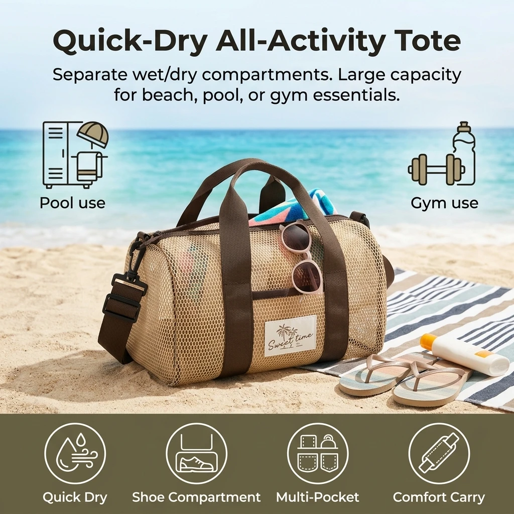 Vacation Beach Tote Bag Quick Dry Mesh Gym Shoulder Bag Waterproof Swimming Pool Gear Large Capacity Travel Pouch