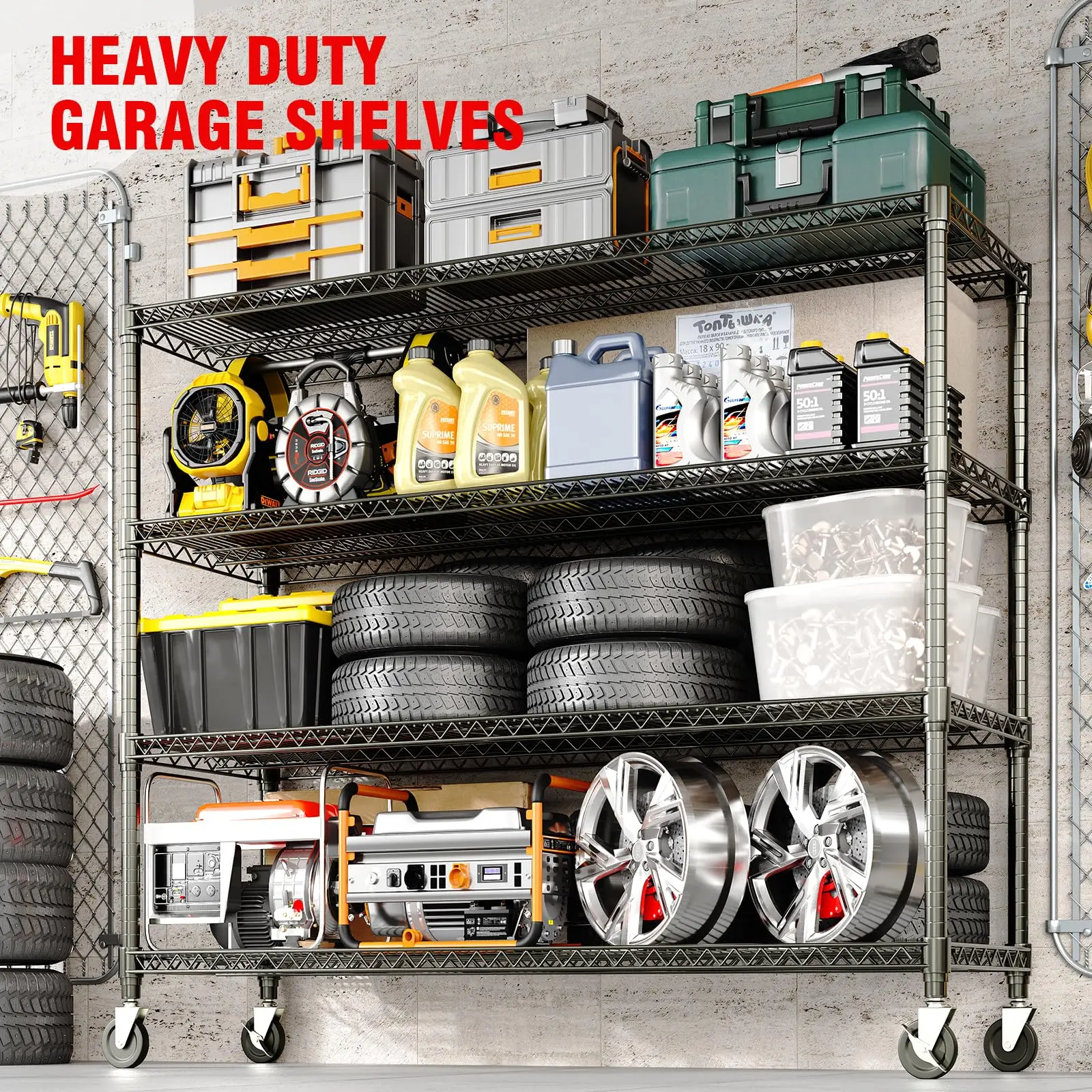 Metal Storage Shelving Units on Wheels, Storage Shelves 4-Tier Wire Rack Shelving for Garage, Heavy Duty 2640LBS Capacity, 72