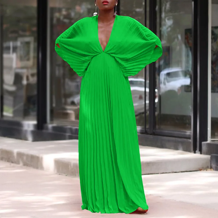 

2023 African Dresses for Women Summer Elegant African Long Sleeve V-neck Polyester Yellow Green Pleated Long Dress Maxi Dress