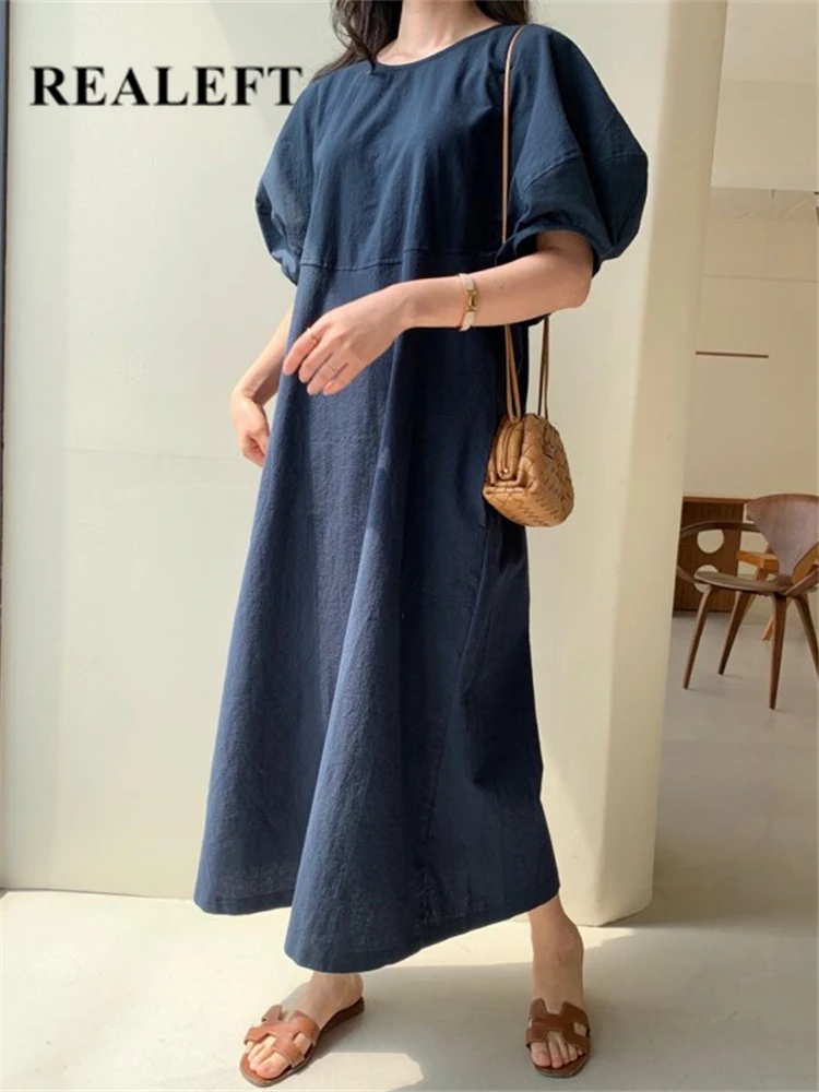 

REALEFT Summer Korean Women's Long Dresses High Waist New 2023 Casual Loose Puff Sleeve O-Neck A-Line Dress Pockets Female