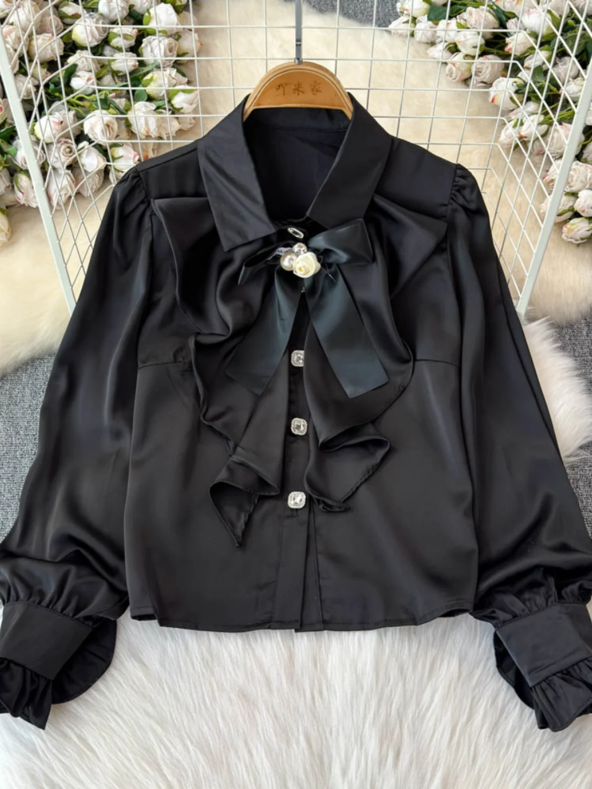 

Retro Court Sle Women's irt Autumn Winter Sweet Ele Knot Lace Trim Top Korean Loose Fit Button Detail