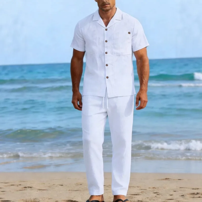 

Мужской комплект из льна и хлопка: рубашка с коротким рукавом и кубинским воротником на пуговицах и длинные брюки, повседневная летняя пляжная одежда