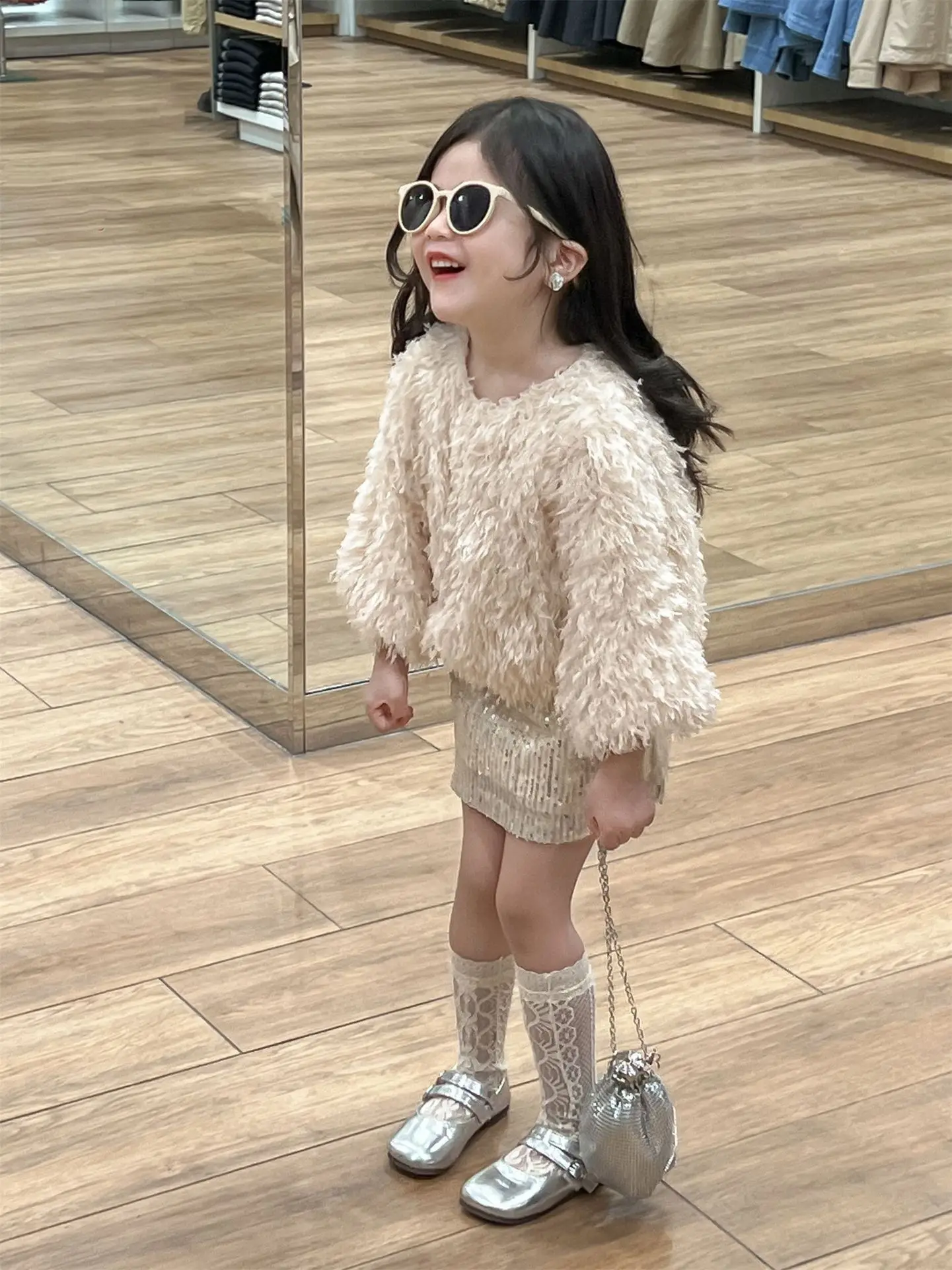Childrens Sets Feather Long Sleeve Tops Sequin Skirt Fashion 2024 Autumn New Korean Style Childrens Two Piece Sets