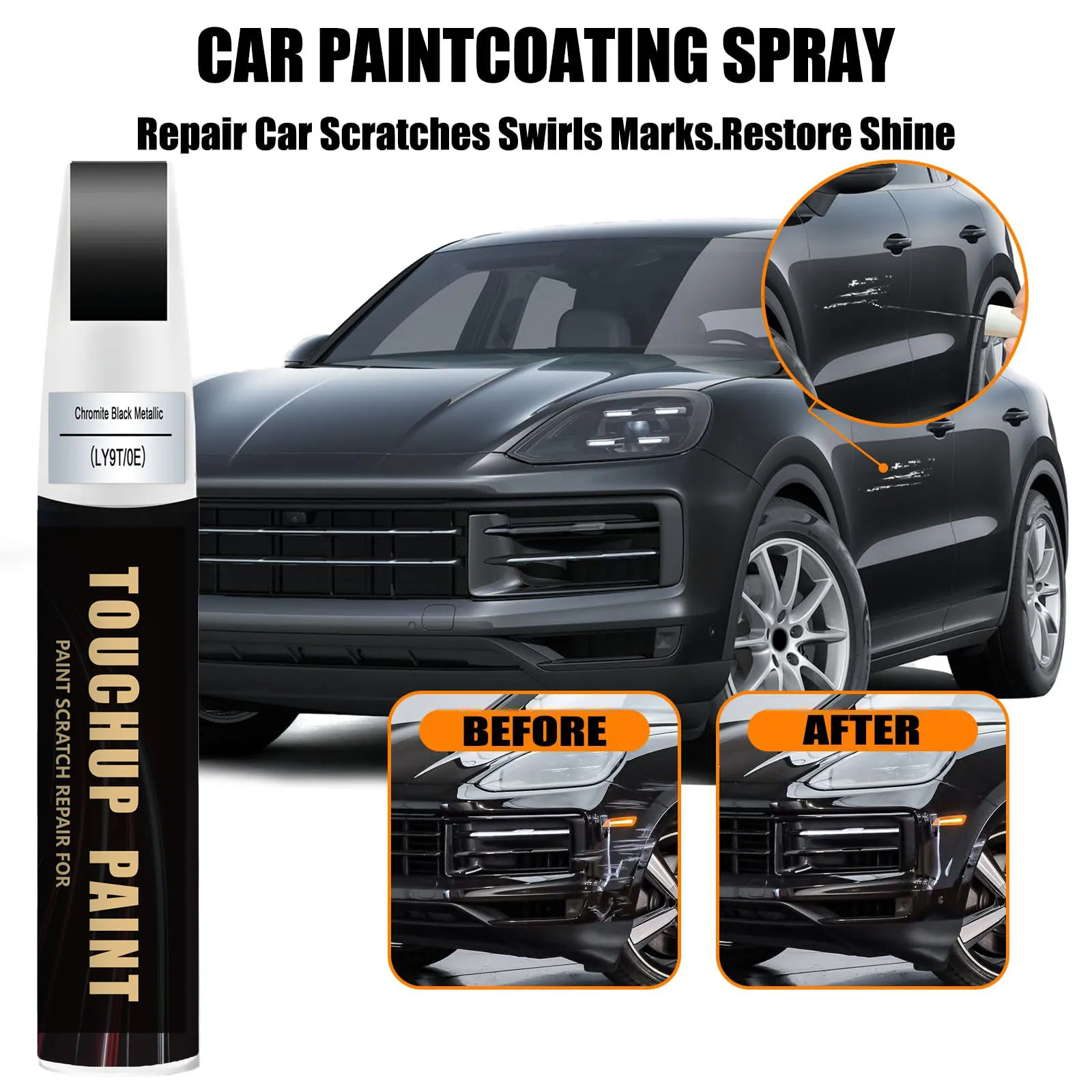 Car Touch up Paint(LY9T/0E Chromite Black Metallic) Compatible with Porsche, Car Paint Pen Scratch Repair