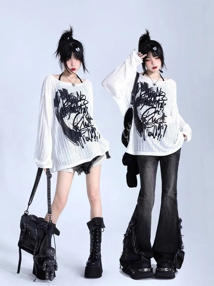 2024 New O-neck Graffiti Print White Tops Women Y2k E-Girl Long Sleeve Loose T-shirts Fashion Thin Knitted Pullover Sweater