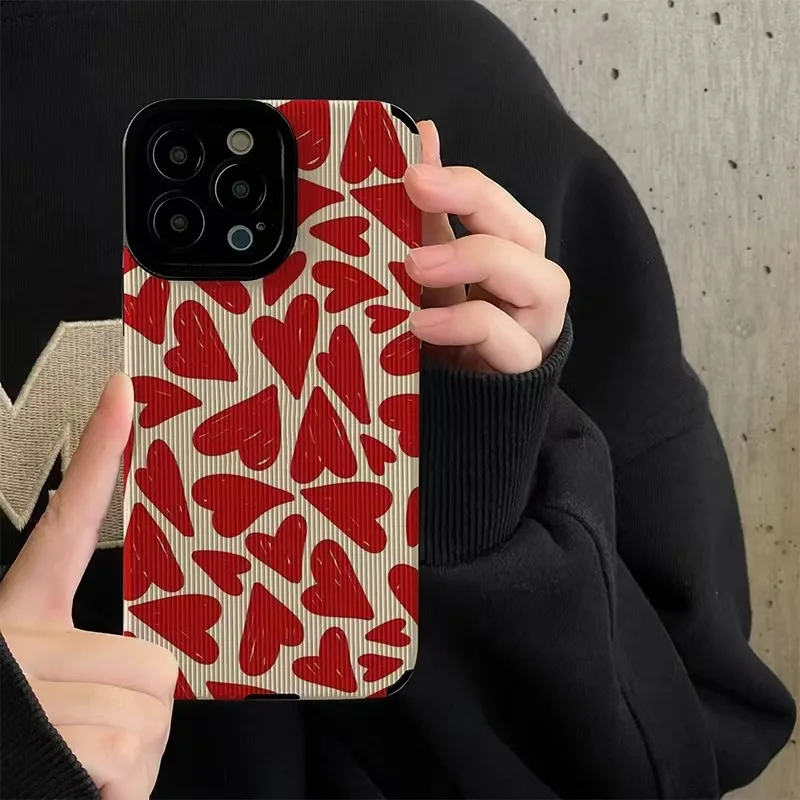 Fashion Red Love Heart Silicone Case For iPhone 11 12 13 14 15 Pro Max Mini X XS XR 8 7 16 Plus Soft Leather Shockproof Cover