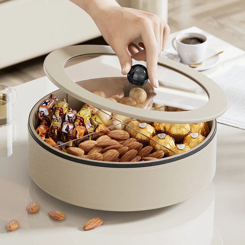 

Многослойный вращающийся поднос нового стиля для семян дыни, конфет и сухофруктов, разделенный дизайн с пылезащитной крышкой, блюдо для чайных закусок
