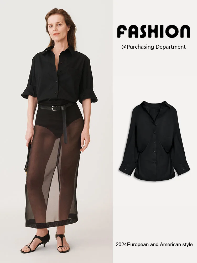 

Summer New Arrival Women's Pure Color Casual Long Sve irt Single Button Notch Collar Simple Design Classic Sle