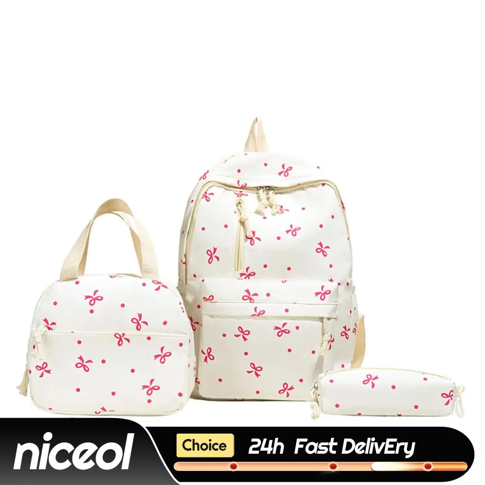 3Pcs/Set Bow Print Aesthetic Daypack with Handbag and   Rucksack for  Girls