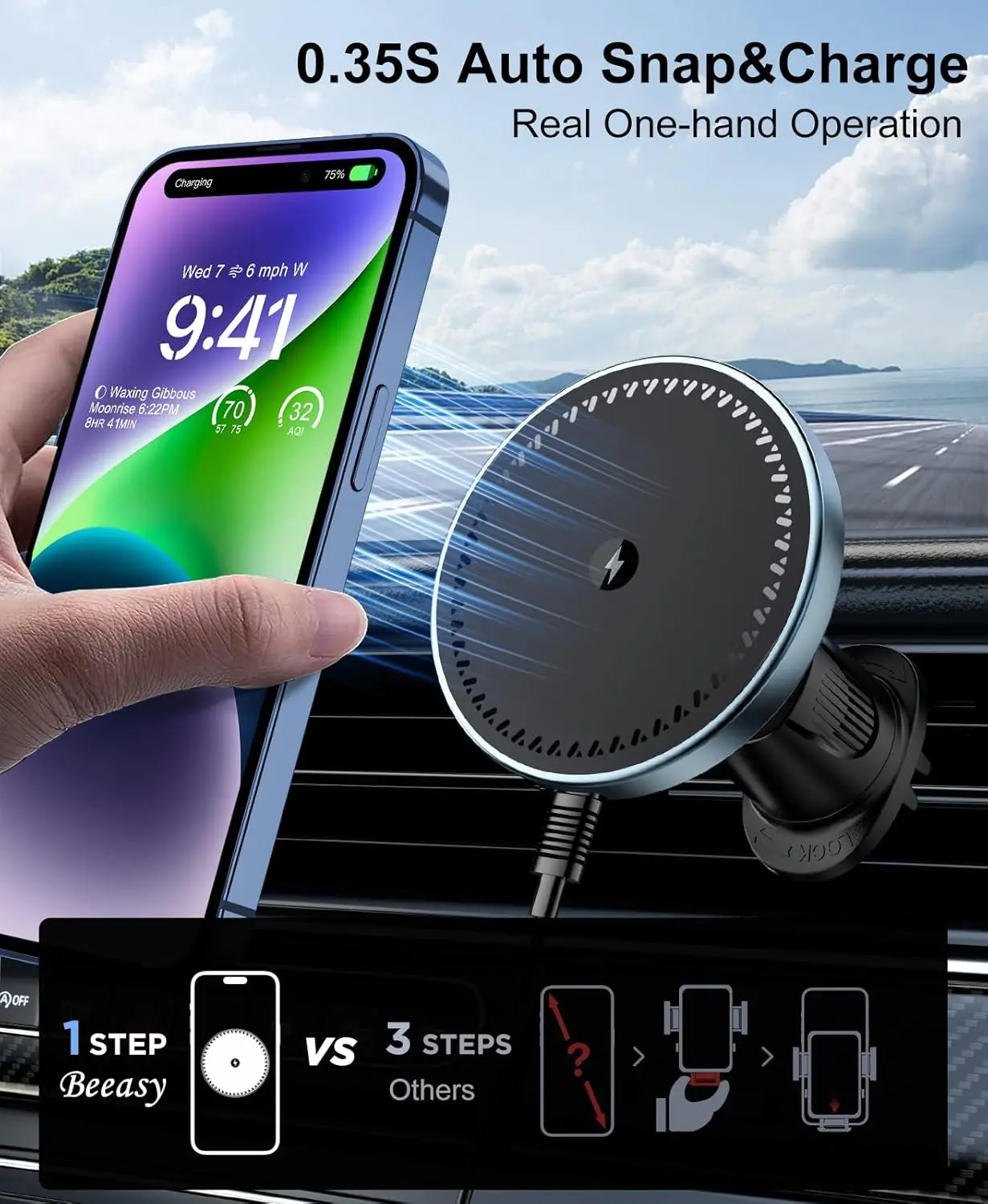 UYUXIO Magnetic Car Mount Phone Holder 15W Fast Charge Air Vent Strong Magnet Wireless Car Charger for iPhone 16 15 14 12 13