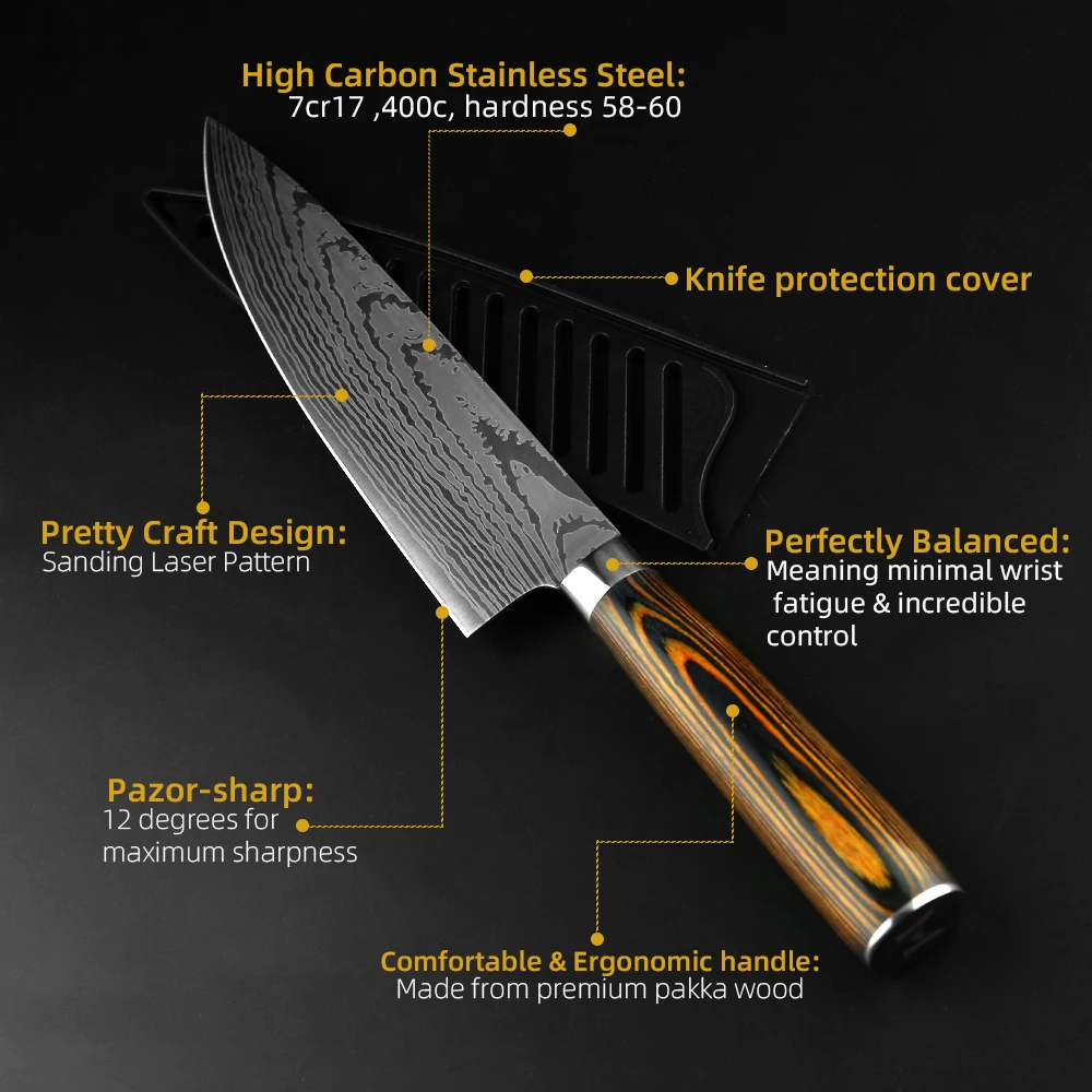 Kitchen Knife Chef Japanese Slicing Santoku Cleaver Utility 1-7 Set Knives 7CR17 440C Stainless Steel Imitation Damascus Sanding